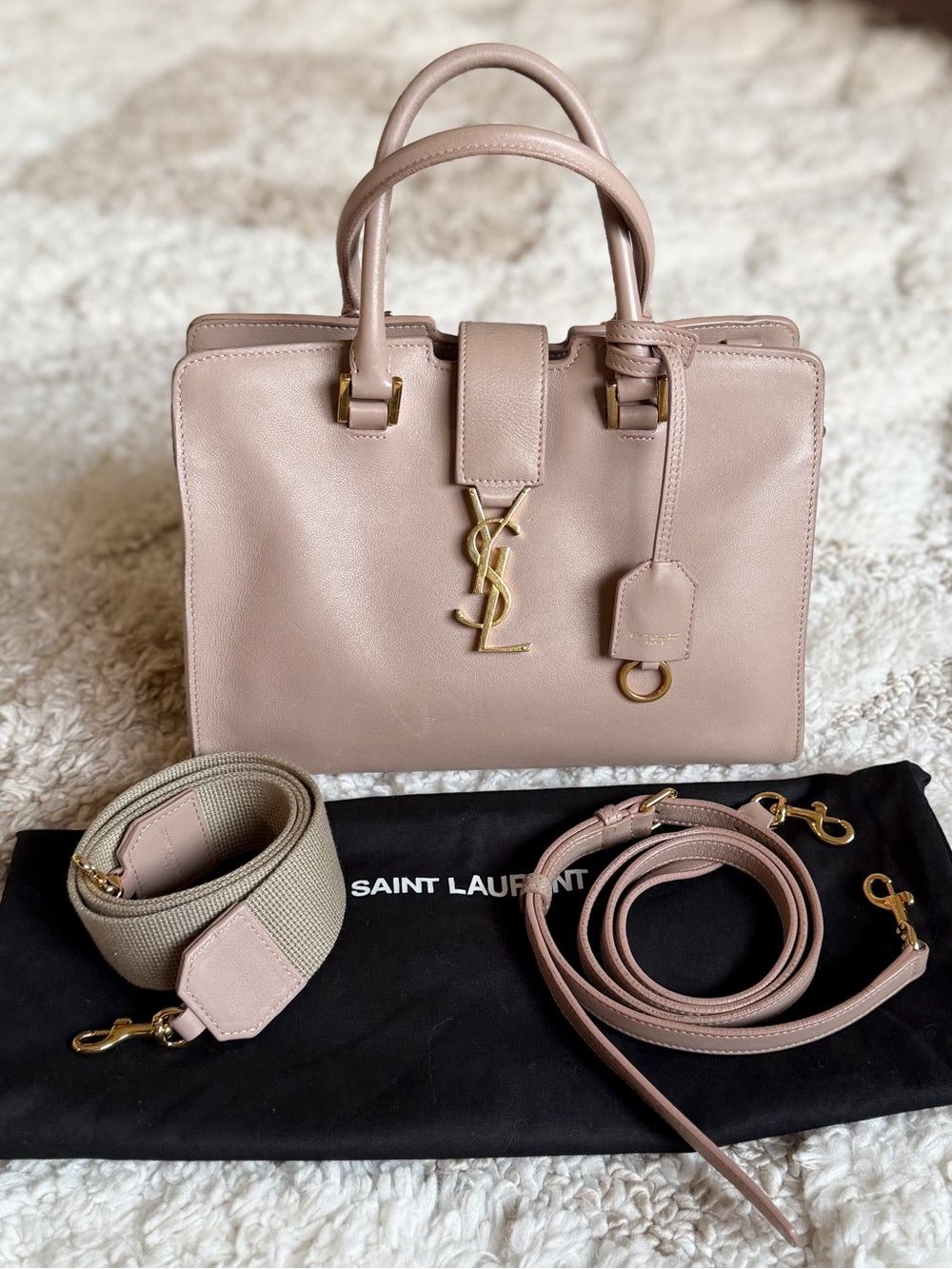 YSL Saint Laurent Monogram Baby Cabas Leather Bag Straps Mauve Pink Crossbody